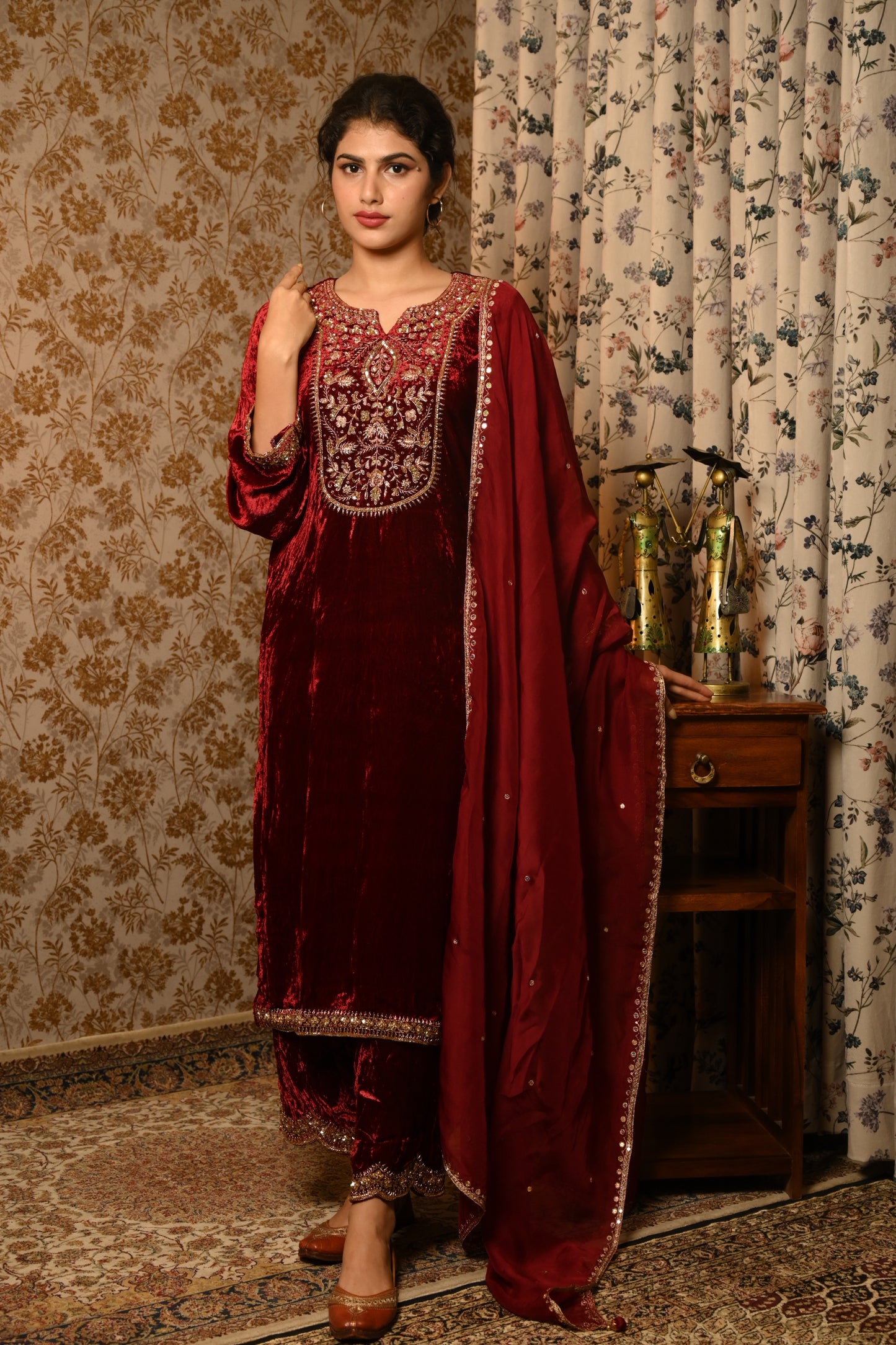 Royal Maroon Velvet Hand Embroidered suit set
