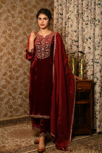 Royal Maroon Velvet Hand Embroidered suit set