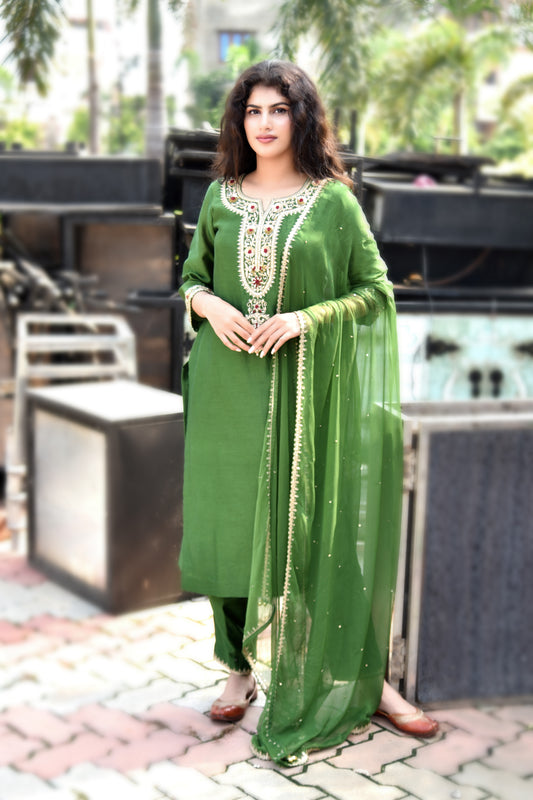 Fern Green Sequins & Zardozi Hand Embroidered Kurti set