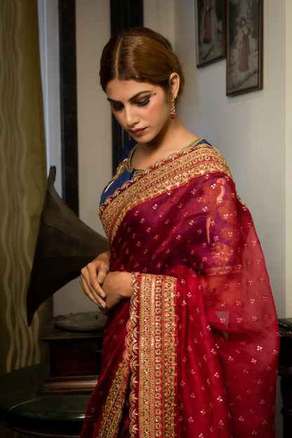 Cherry Red Intricate Zardozi & Sequins Hand Embroidered Silk Organza Saree