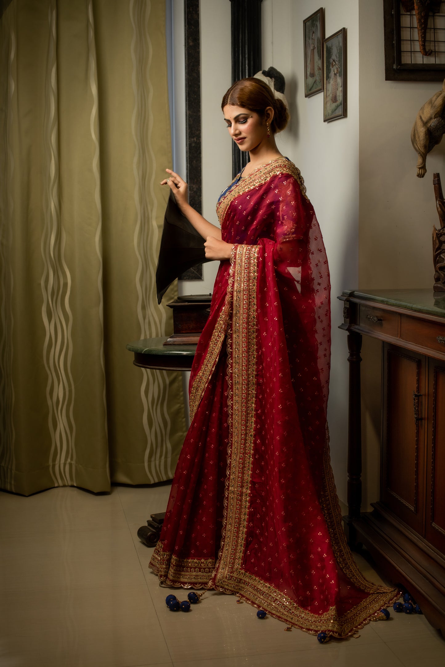 Cherry Red Intricate Zardozi & Sequins Hand Embroidered Silk Organza Saree