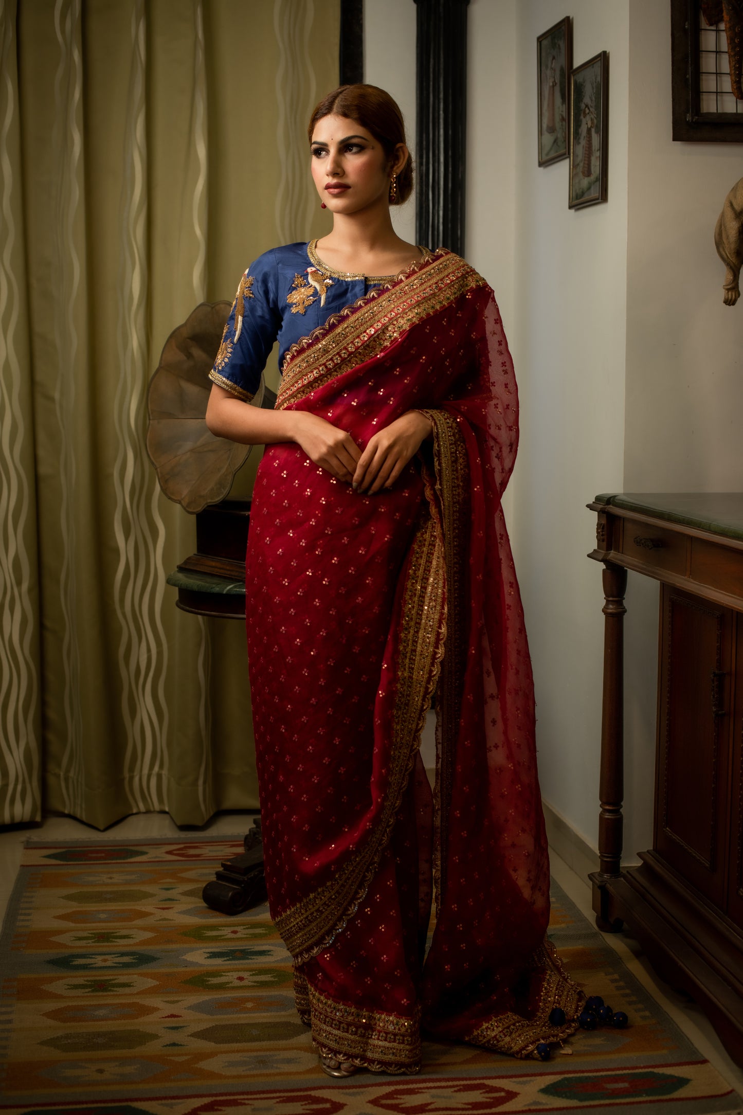 Cherry Red Intricate Zardozi & Sequins Hand Embroidered Silk Organza Saree