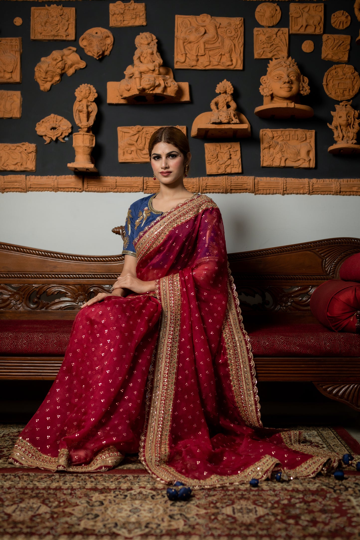 Cherry Red Intricate Zardozi & Sequins Hand Embroidered Silk Organza Saree