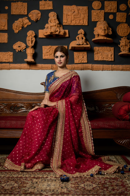 Cherry Red Intricate Zardozi & Sequins Hand Embroidered Silk Organza Saree