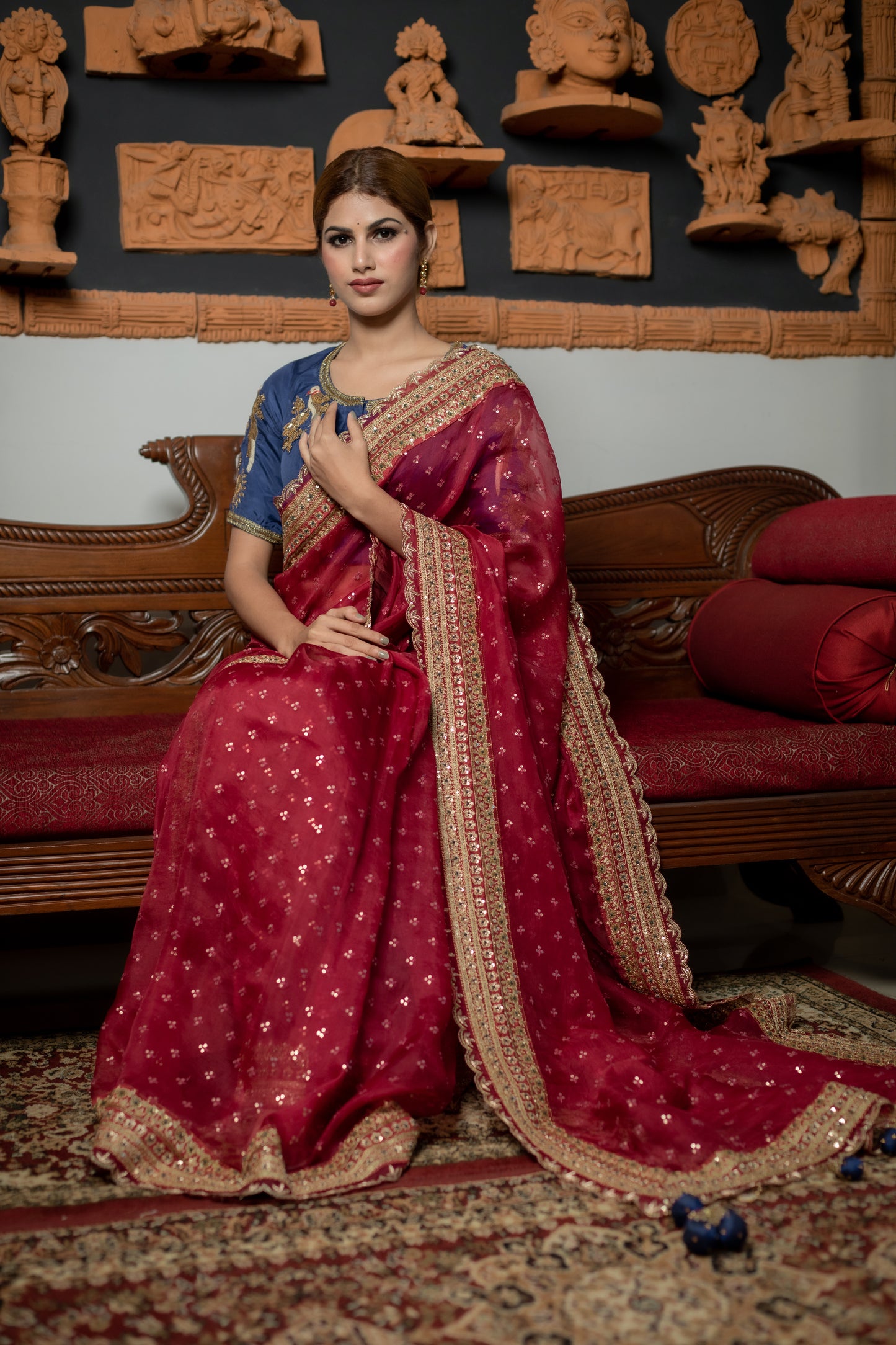 Cherry Red Intricate Zardozi & Sequins Hand Embroidered Silk Organza Saree