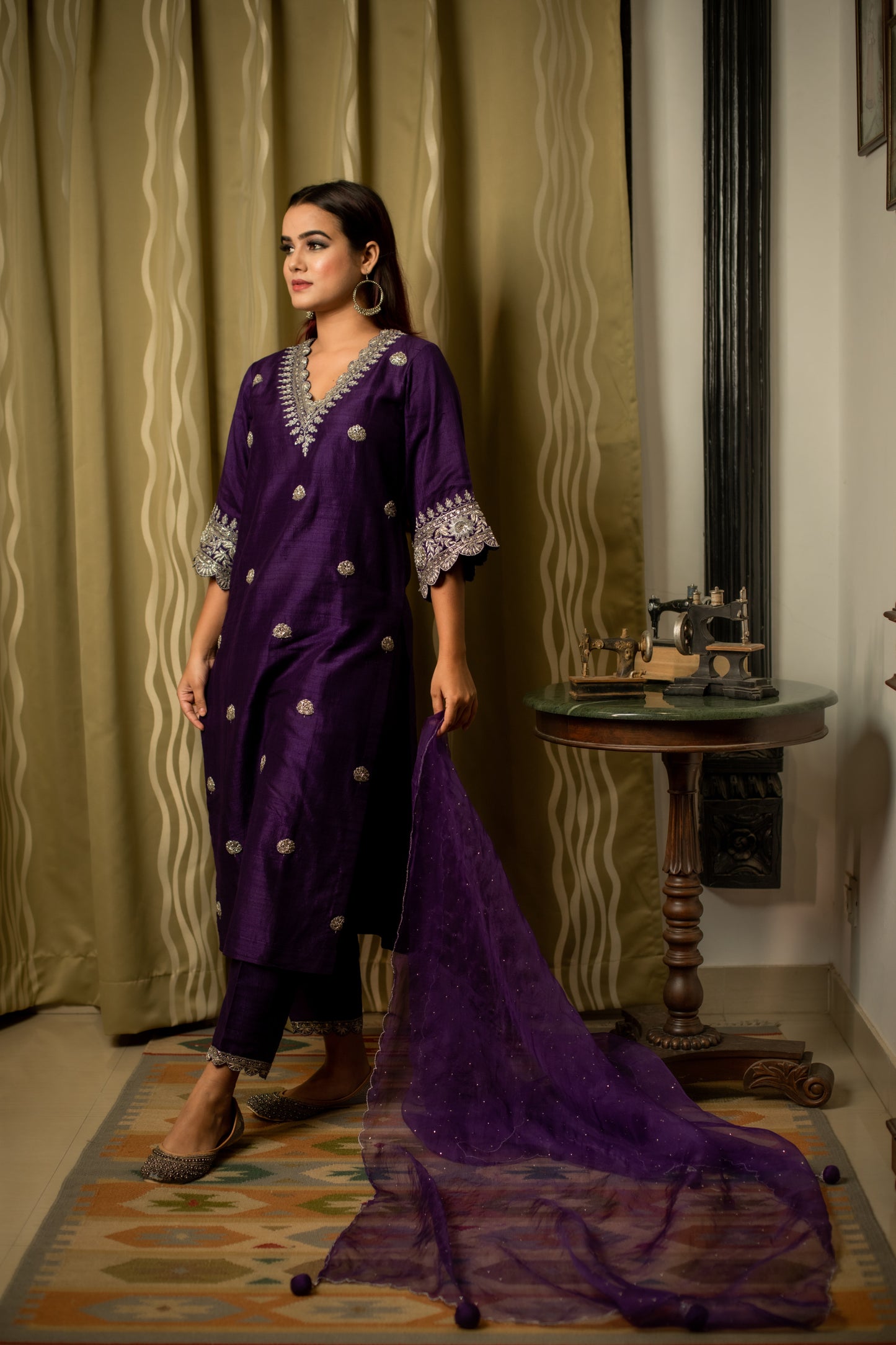 Royal Silver Zardozi Hand Embroidered Silk Kurti Set