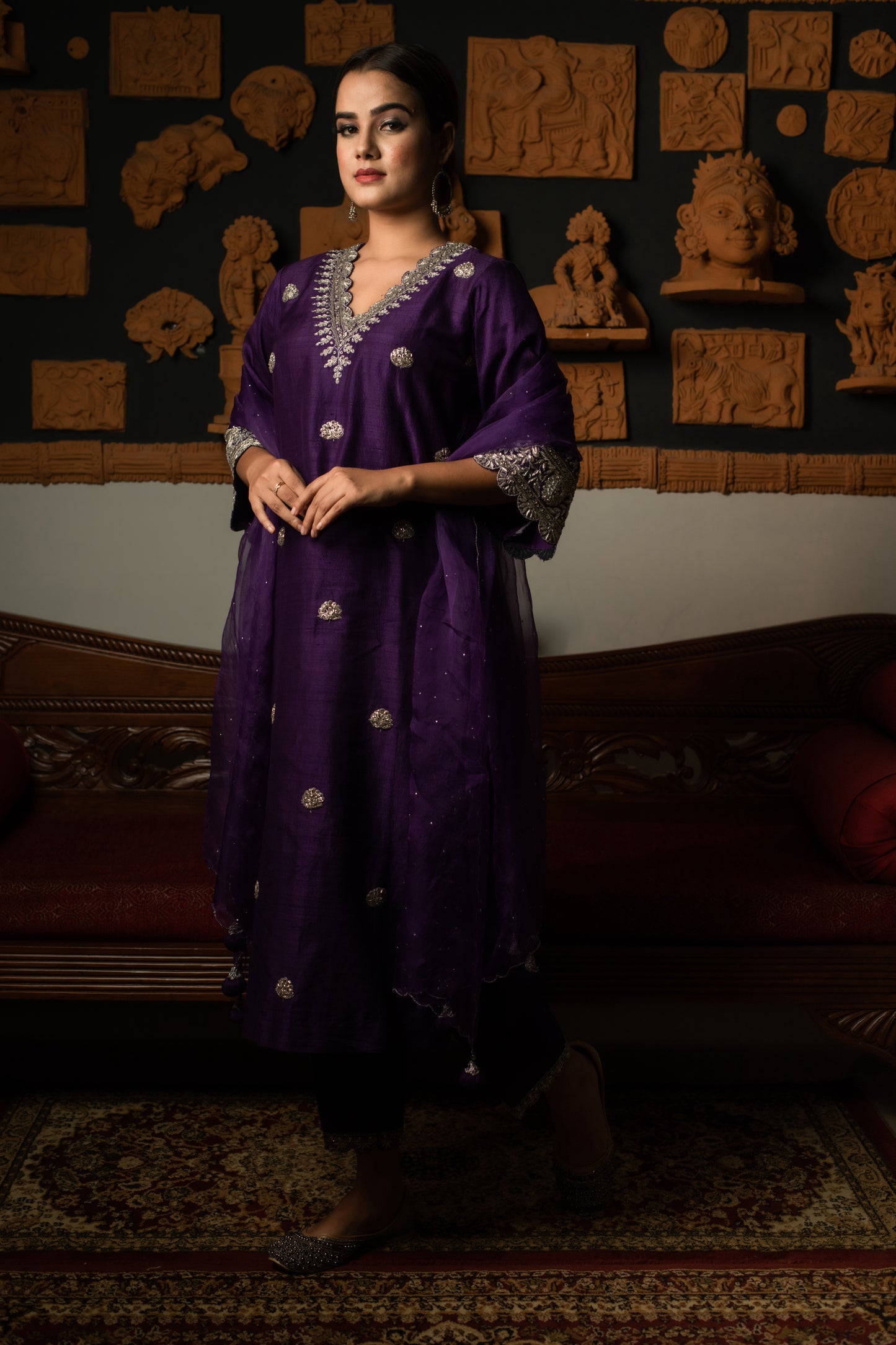 Royal Silver Zardozi Hand Embroidered Silk Kurti Set