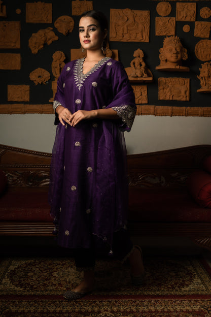 Royal Silver Zardozi Hand Embroidered Silk Kurti Set