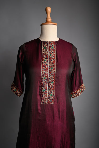 Wine colour Hand Embroidered Silk Kurti set