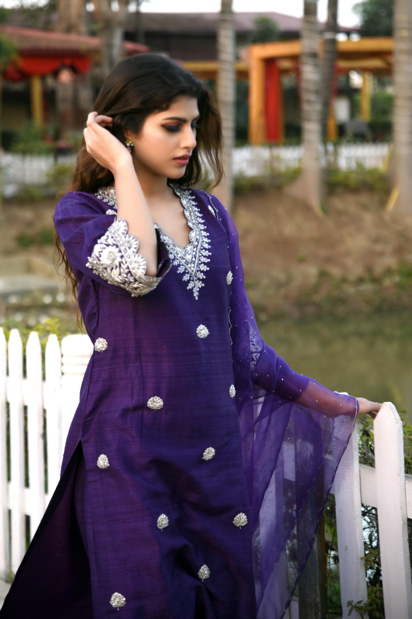 Royal Silver Zardozi Hand Embroidered Silk Kurti Set