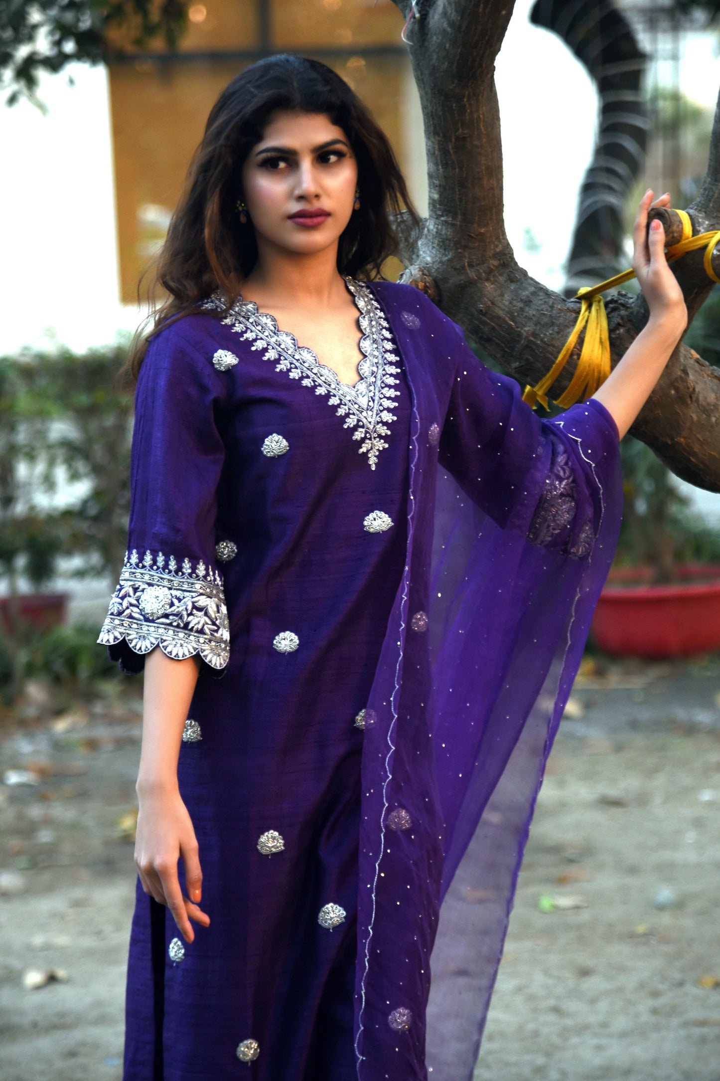 Royal Silver Zardozi Hand Embroidered Silk Kurti Set