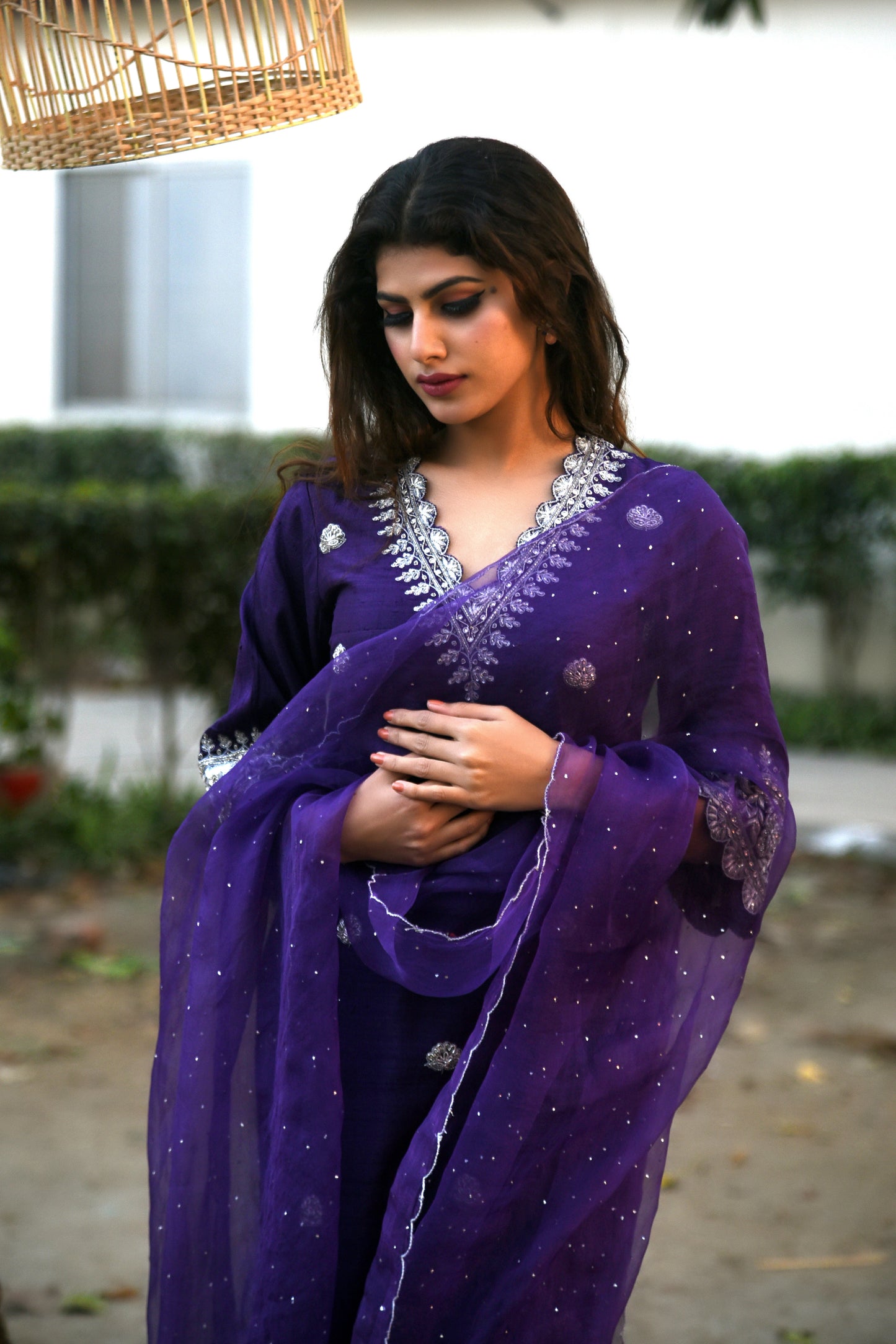 Royal Silver Zardozi Hand Embroidered Silk Kurti Set