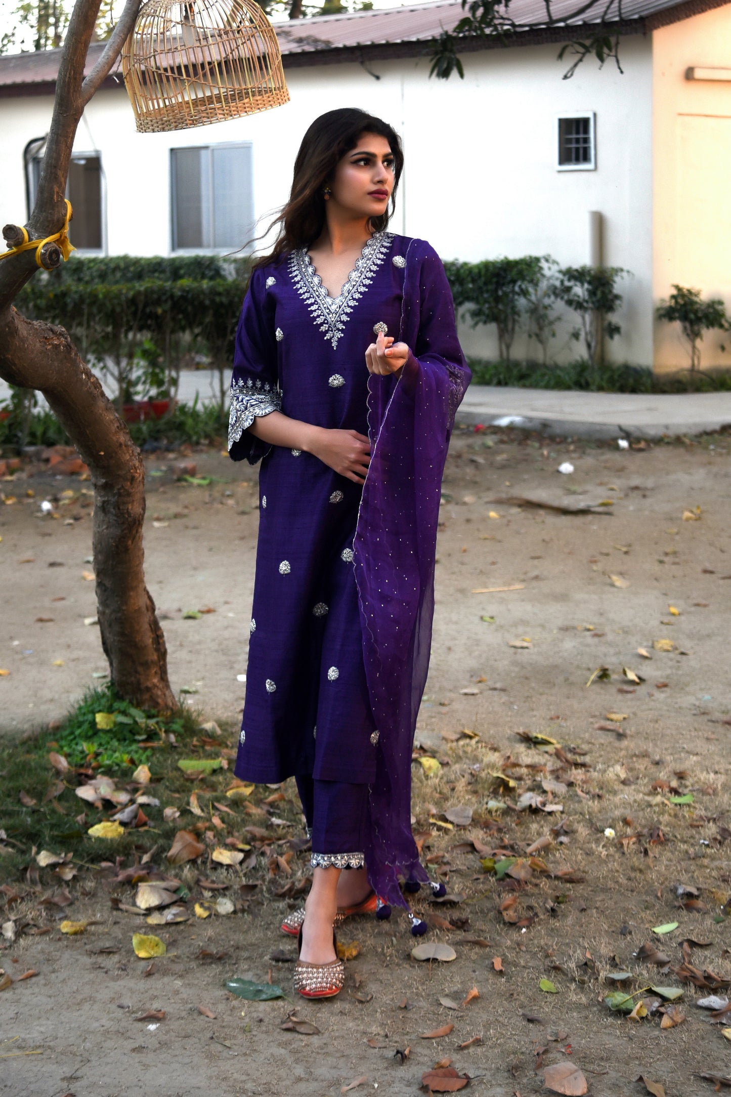 Royal Silver Zardozi Hand Embroidered Silk Kurti Set