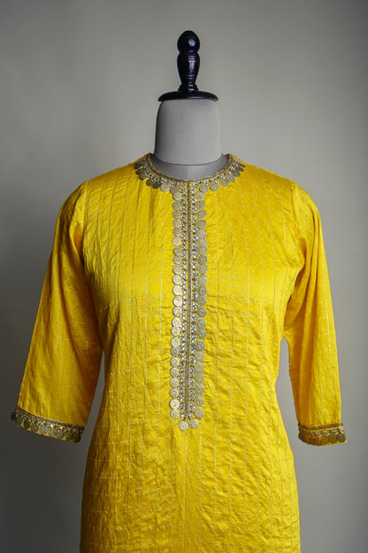 Mustard Yellow Antique Coin Embroidered Kurti set
